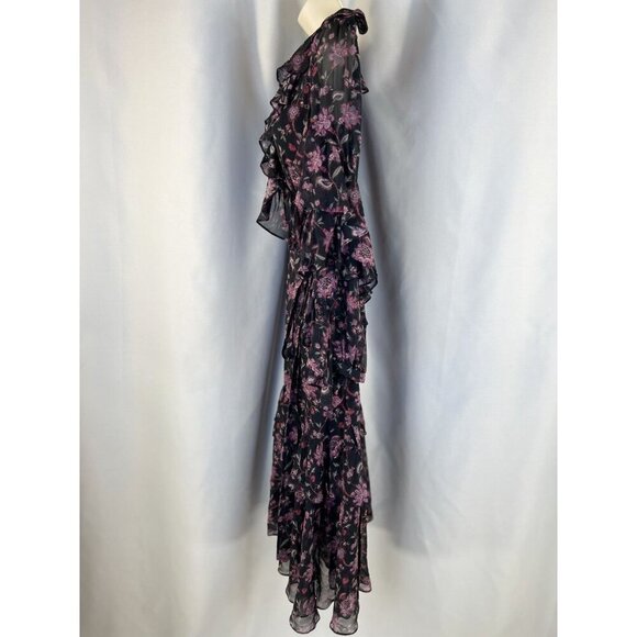 AMUR Rumi Black Purple Silk Wrap Midi Dress $798 - Picture 6 of 12